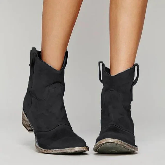 Western Ankle Boots Distressed Suede Block Heel Cowgirl