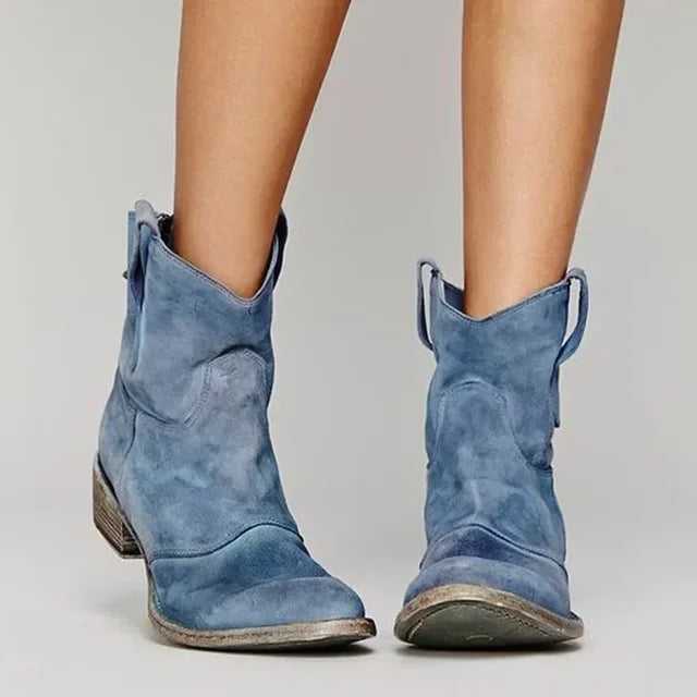 Western Ankle Boots Distressed Suede Block Heel Cowgirl