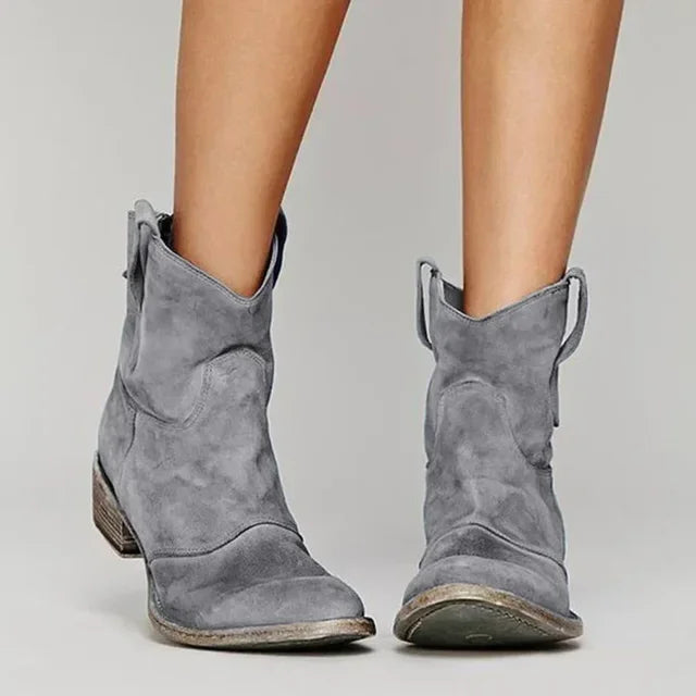 Western Ankle Boots Distressed Suede Block Heel Cowgirl