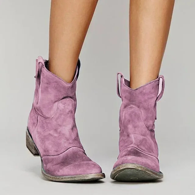 Western Ankle Boots Distressed Suede Block Heel Cowgirl