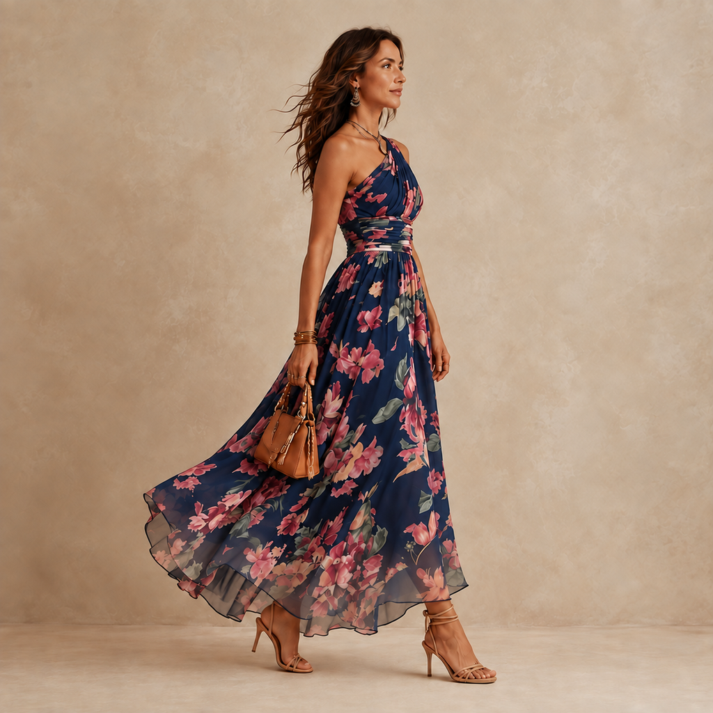 Celeste one-shoulder floral maxi dress by Bennett and Lowe, featuring a flowing silhouette and vibrant floral pattern.