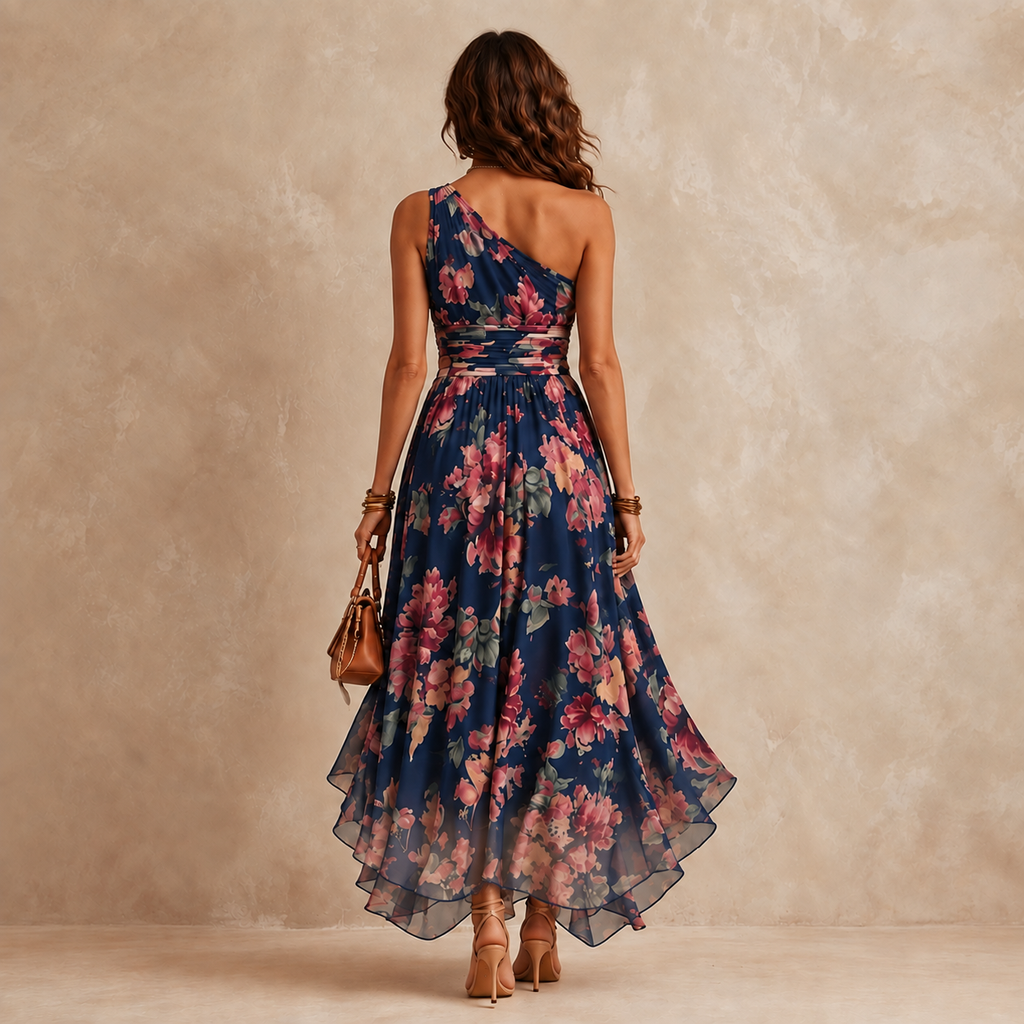 Elegant Celeste one-shoulder floral maxi dress by Bennett and Lowe, featuring a flowing silhouette and vibrant floral pattern.