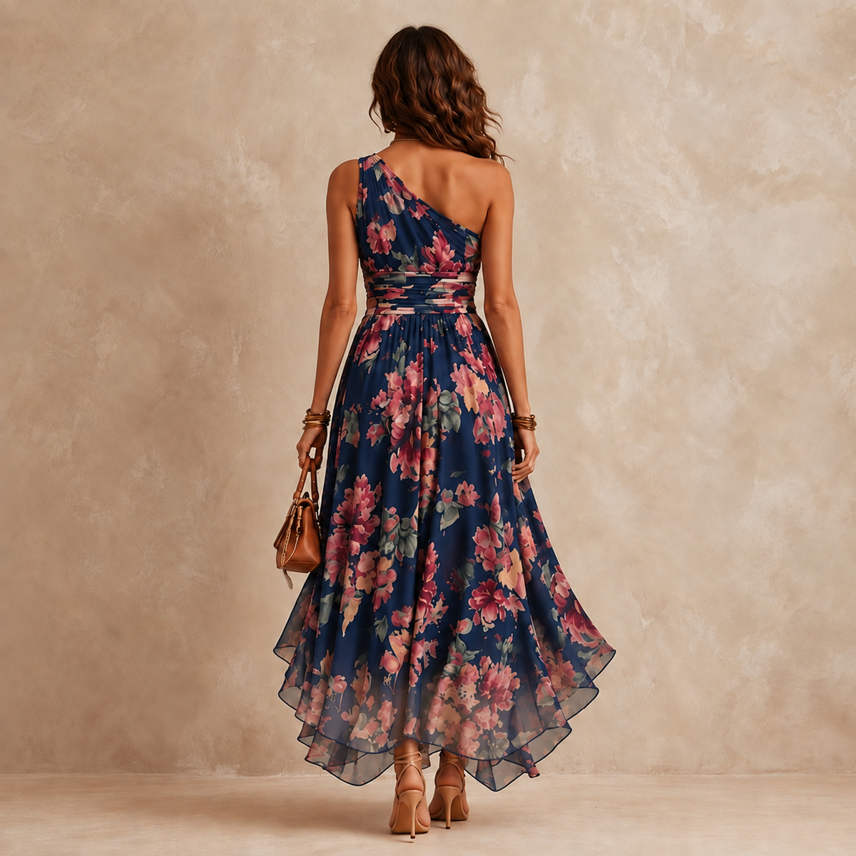 Elegant Celeste one-shoulder floral maxi dress by Bennett and Lowe, featuring a flowing silhouette and vibrant floral pattern.