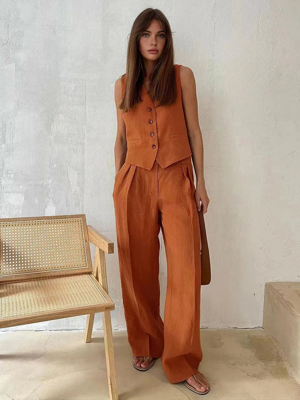 Cotton Linen Two Piece Set Waistcoat Wide Leg Trousers Summer