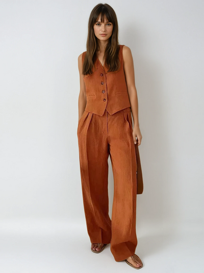 Cotton Linen Two Piece Set Waistcoat Wide Leg Trousers Summer