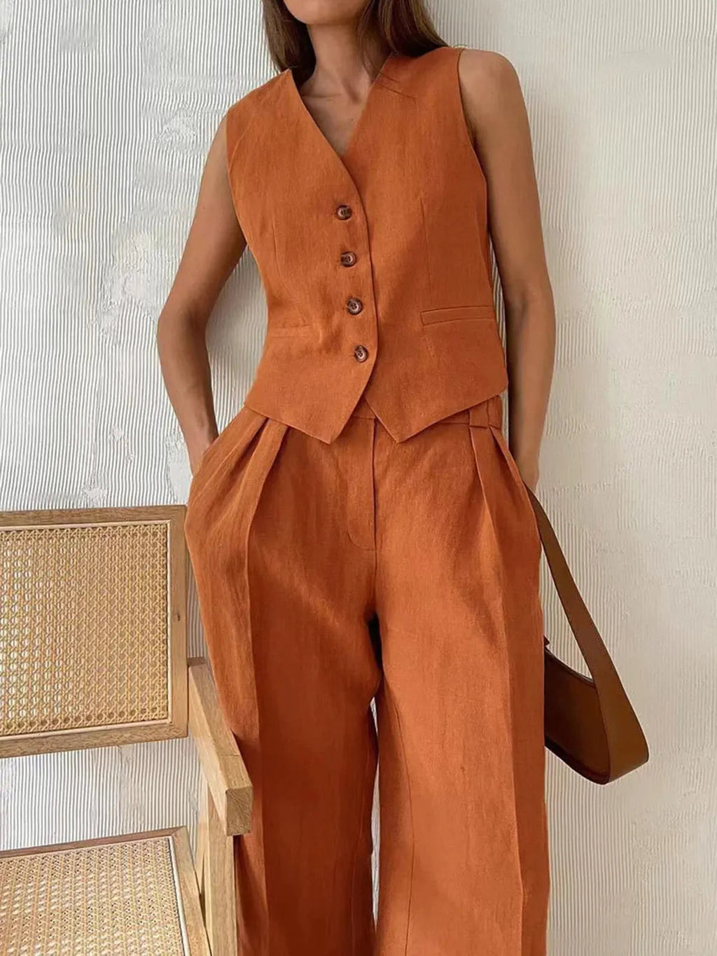 Cotton Linen Two Piece Set Waistcoat Wide Leg Trousers Summer