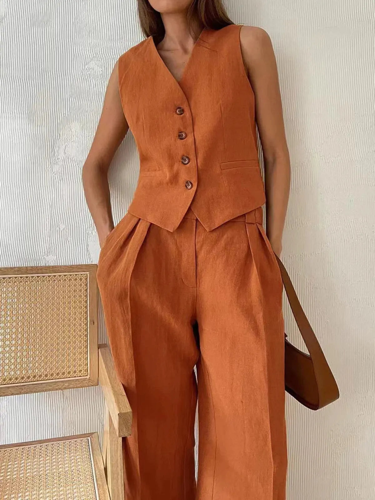 Cotton Linen Two Piece Set Waistcoat Wide Leg Trousers Summer