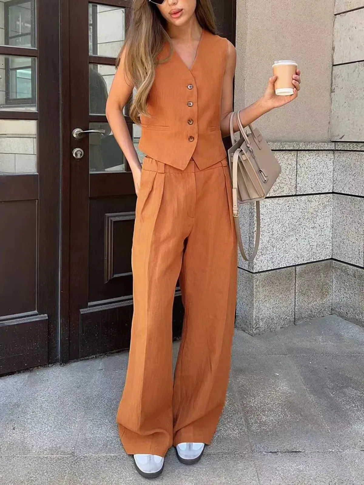 Cotton Linen Two Piece Set Waistcoat Wide Leg Trousers Summer