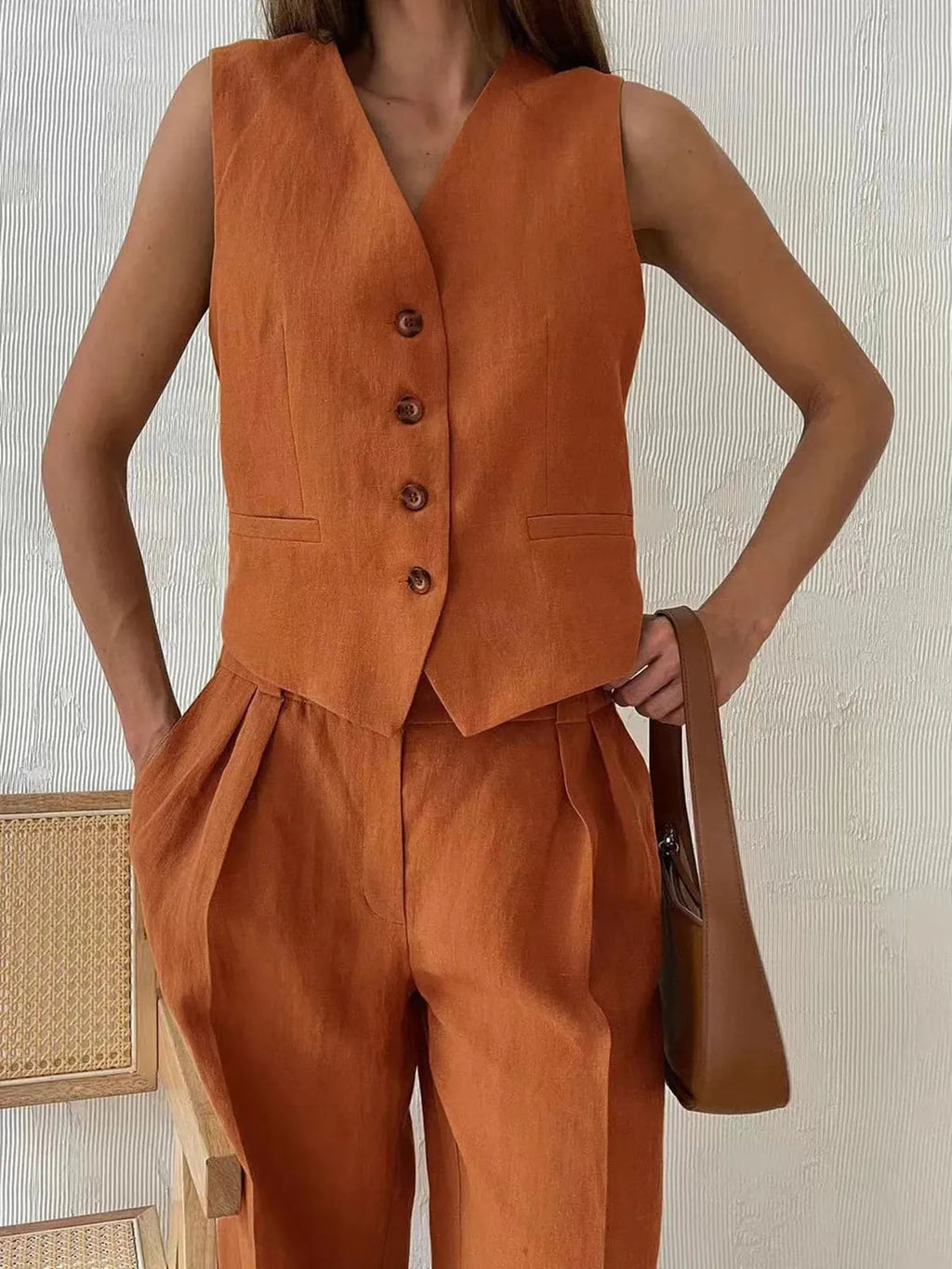 Cotton Linen Two Piece Set Waistcoat Wide Leg Trousers Summer