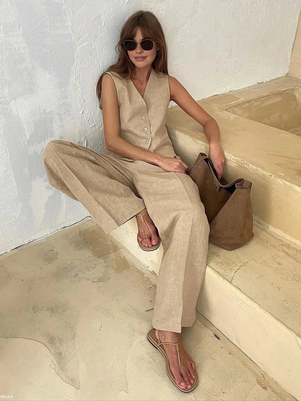 Cotton Linen Two Piece Set Waistcoat Wide Leg Trousers Summer