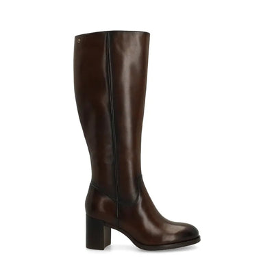 Leather Knee High Boots Block Heel Dark Brown Round Toe