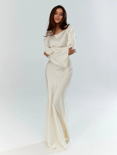 Satin Maxi Dress Long Sleeve Soft Drape Wedding Guest