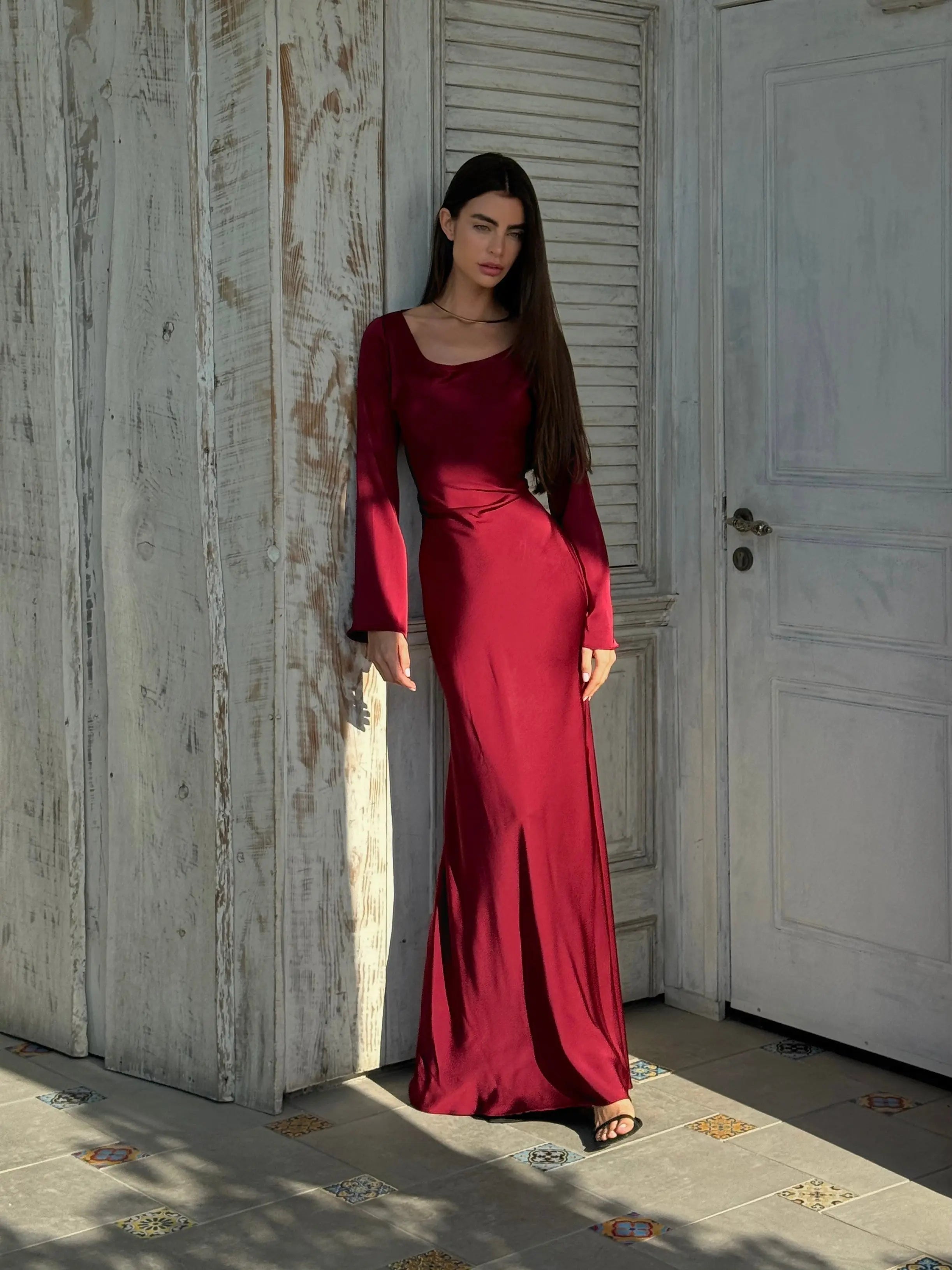 Satin Maxi Dress Long Sleeve Soft Drape Wedding Guest