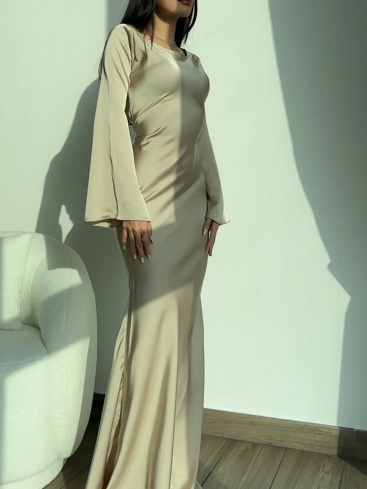 Satin Maxi Dress Long Sleeve Soft Drape Wedding Guest