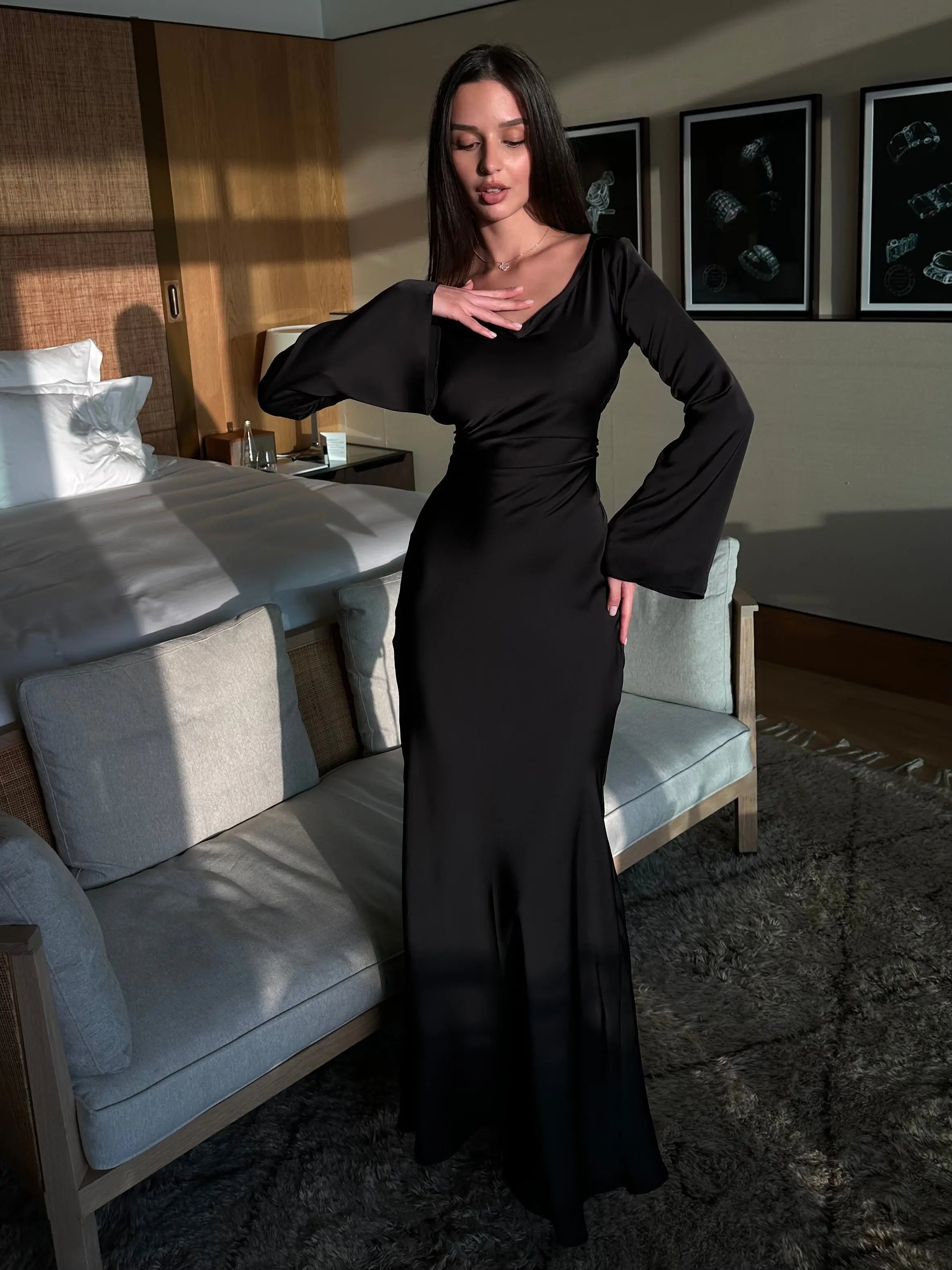 Satin Maxi Dress Long Sleeve Soft Drape Wedding Guest