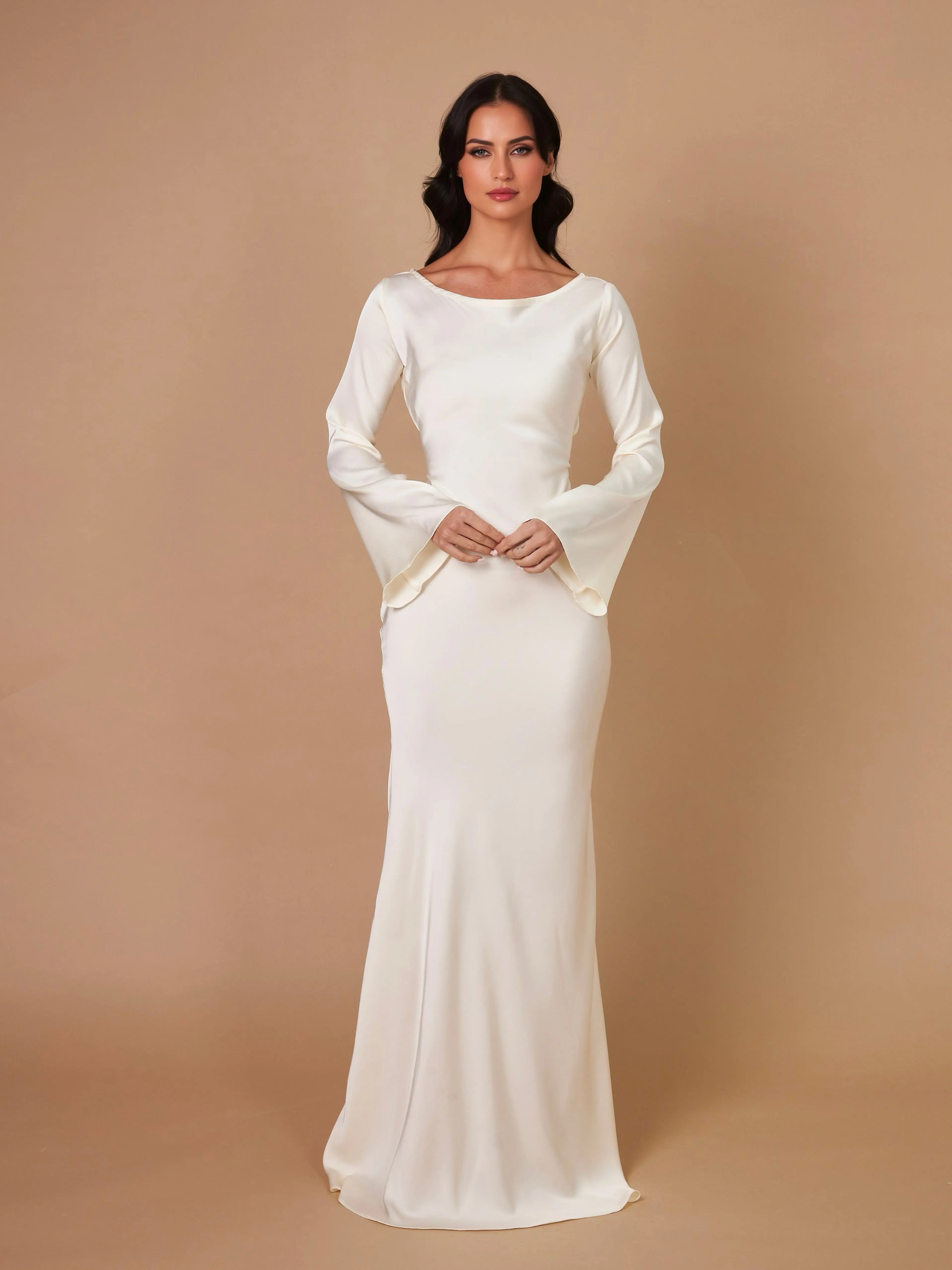 Satin Maxi Dress Long Sleeve Soft Drape Wedding Guest