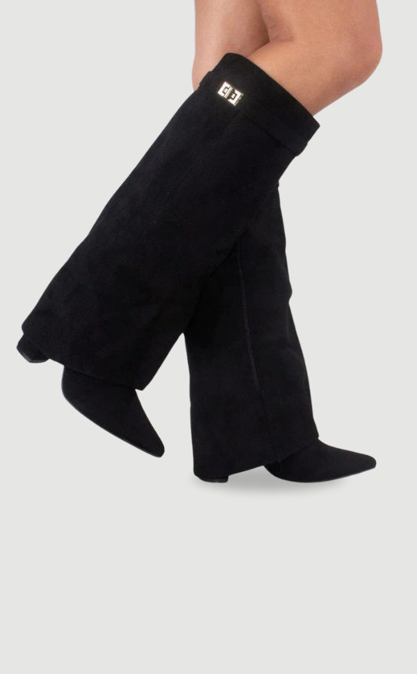 Suede Knee High Boots Block Heel Gold Hardware Black Women's