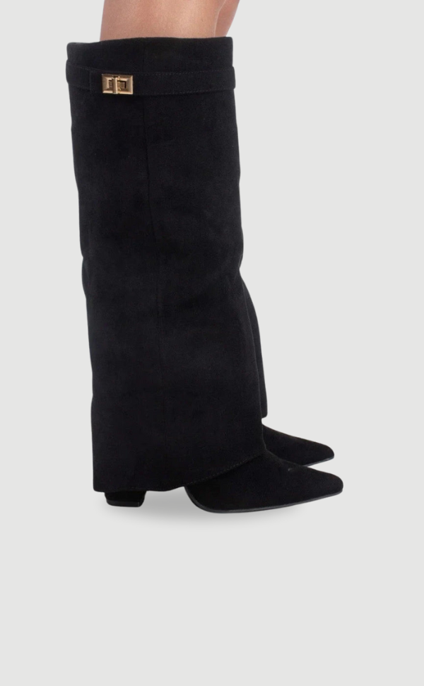 Suede Knee High Boots Block Heel Gold Hardware Black Women's