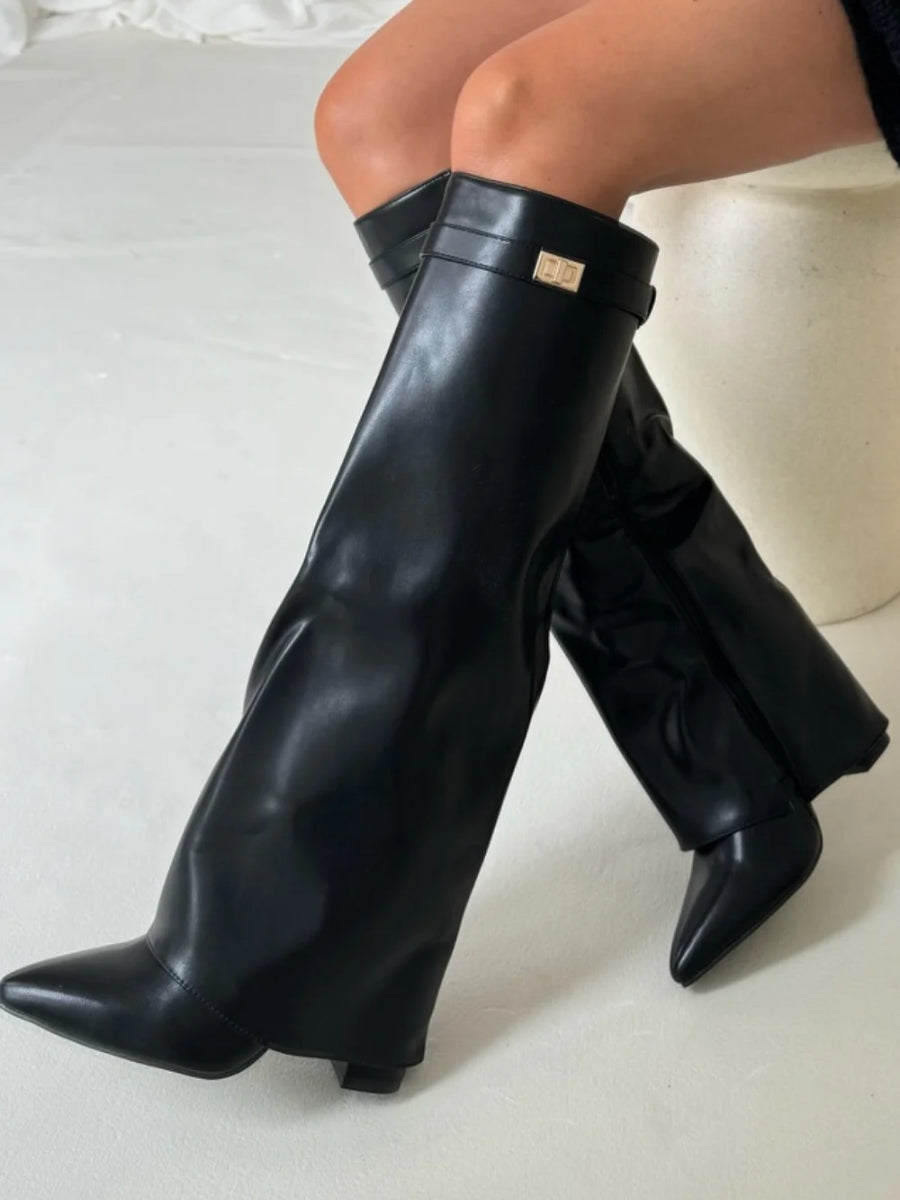 Suede Knee High Boots Block Heel Gold Hardware Black Women's