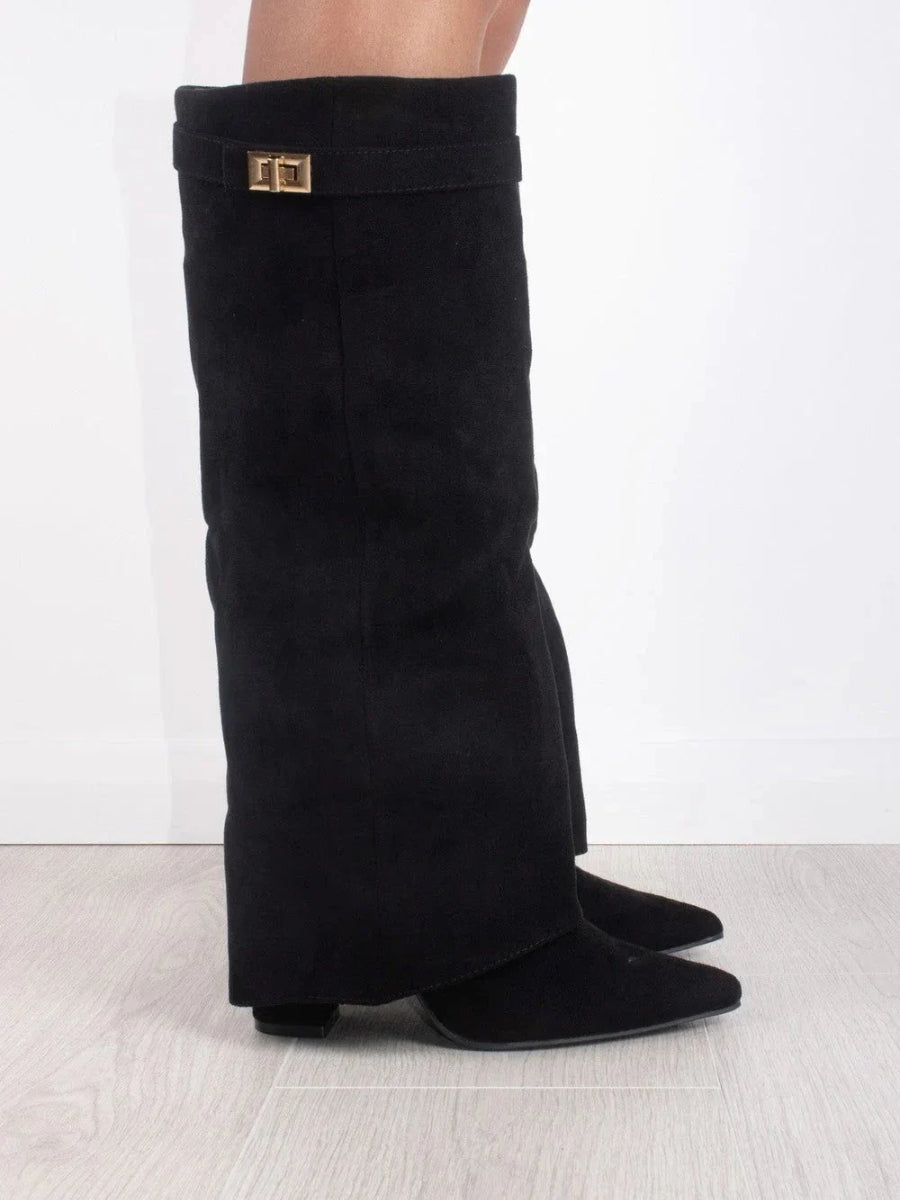 Suede Knee High Boots Block Heel Gold Hardware Black Women's