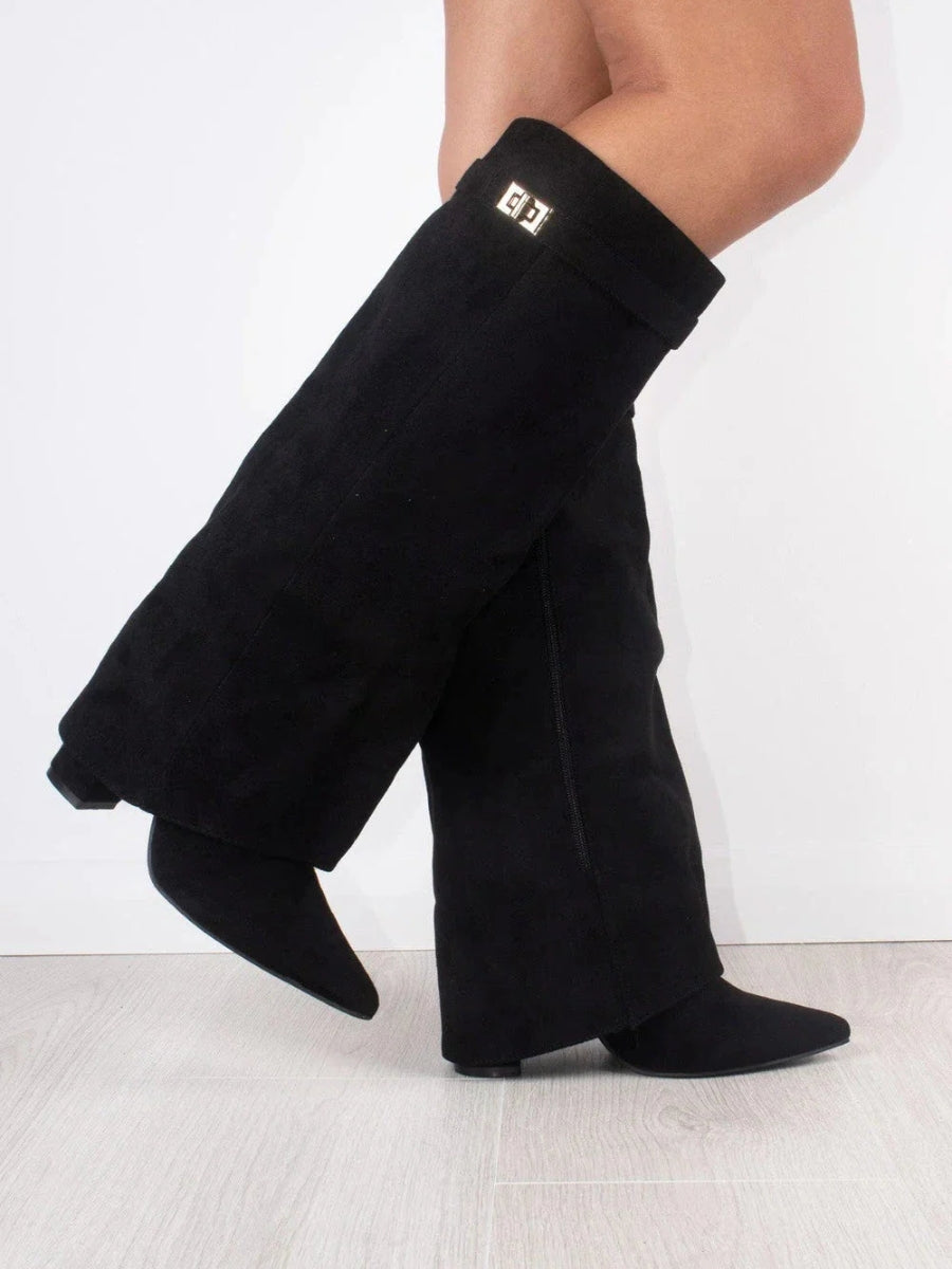 Suede Knee High Boots Block Heel Gold Hardware Black Women's