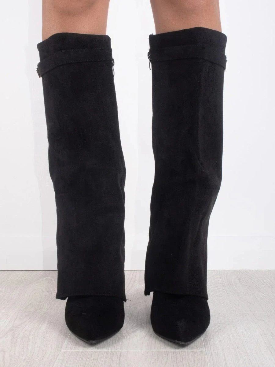Suede Knee High Boots Block Heel Gold Hardware Black Women's