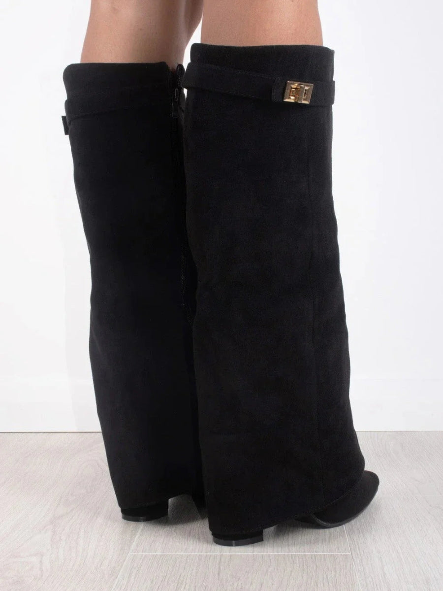 Suede Knee High Boots Block Heel Gold Hardware Black Women's