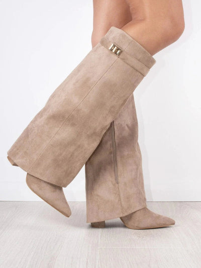 Suede Knee High Boots Block Heel Gold Hardware Black Women's