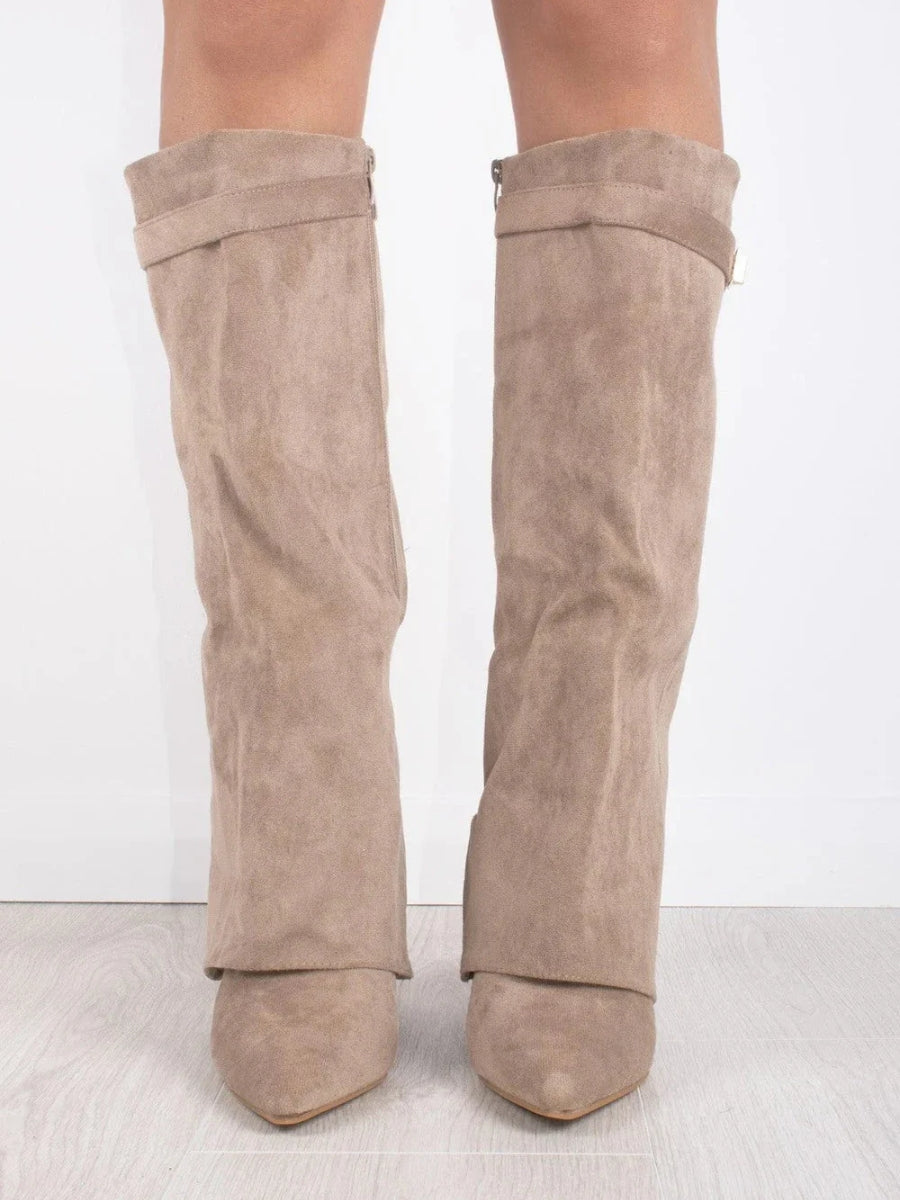 Suede Knee High Boots Block Heel Gold Hardware Black Women's