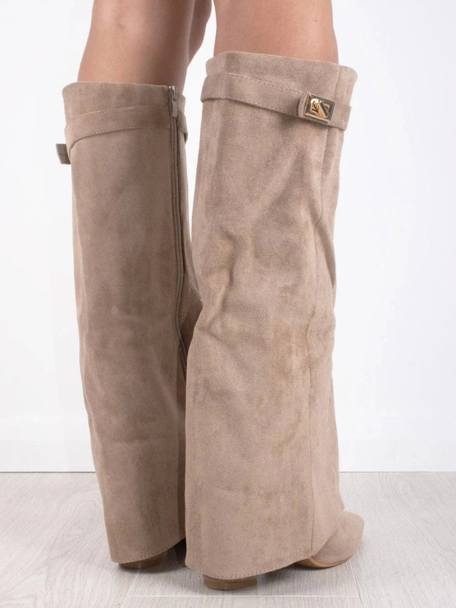 Suede Knee High Boots Block Heel Gold Hardware Black Women's