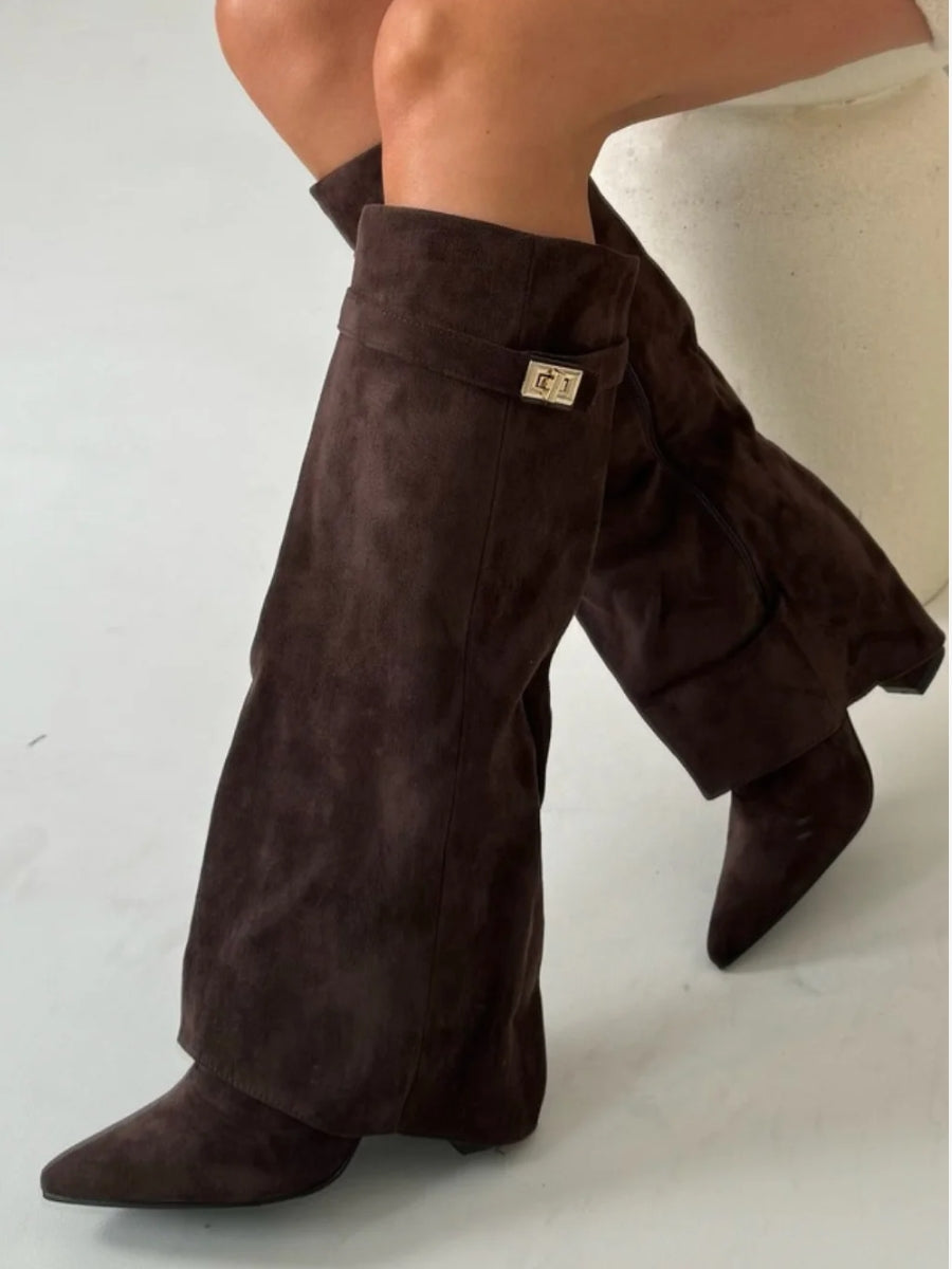 Suede Knee High Boots Block Heel Gold Hardware Black Women's