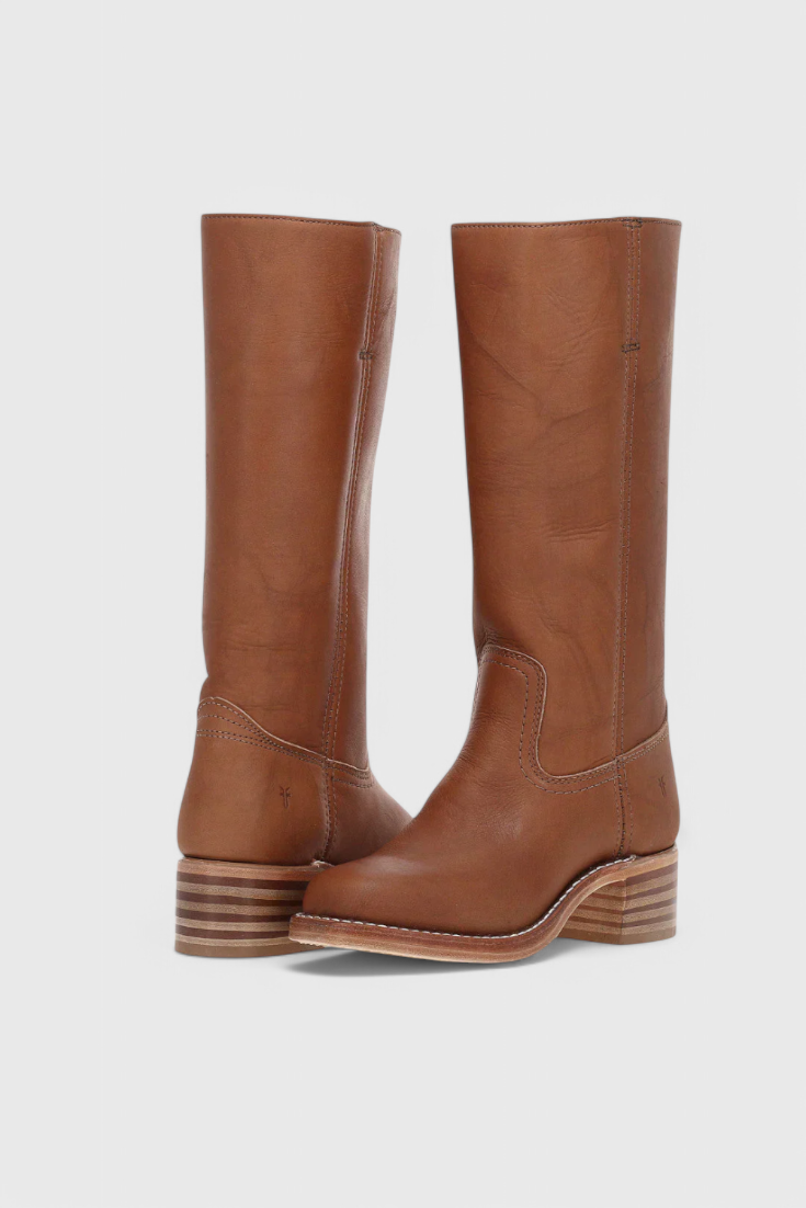 Knee High Boots Leather Stacked Heel Round Toe Classic
