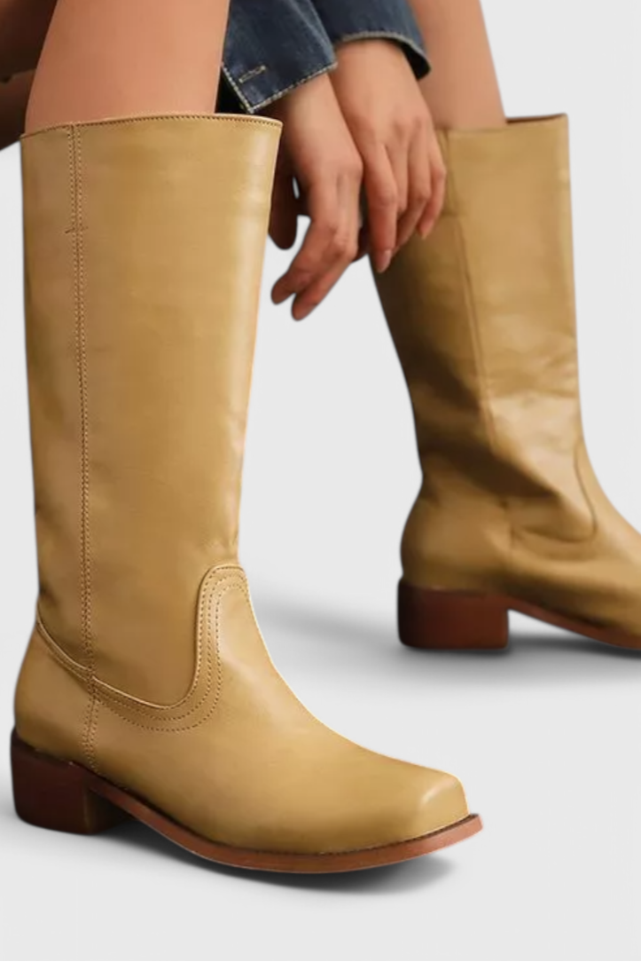Knee High Boots Leather Stacked Heel Round Toe Classic