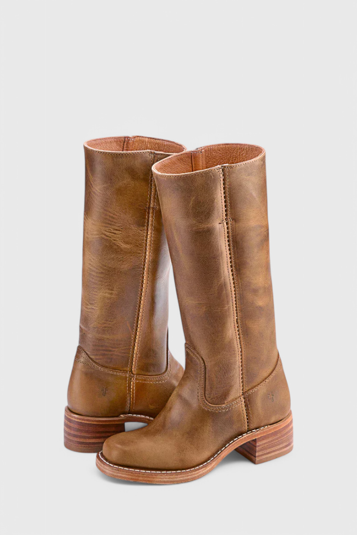 Knee High Boots Leather Stacked Heel Round Toe Classic