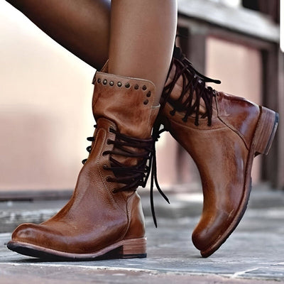 Mid Calf Boots Leather Lace Up Stud Detail Block Heel