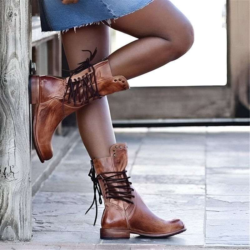 Mid Calf Boots Leather Lace Up Stud Detail Block Heel