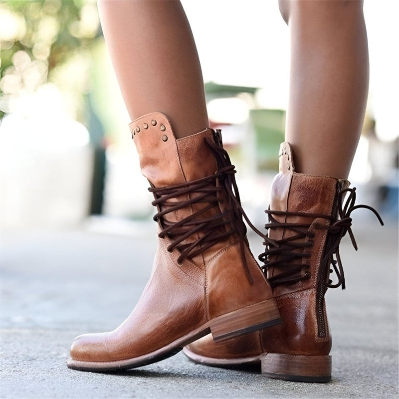 Mid Calf Boots Leather Lace Up Stud Detail Block Heel