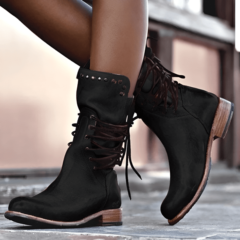 Mid Calf Boots Leather Lace Up Stud Detail Block Heel