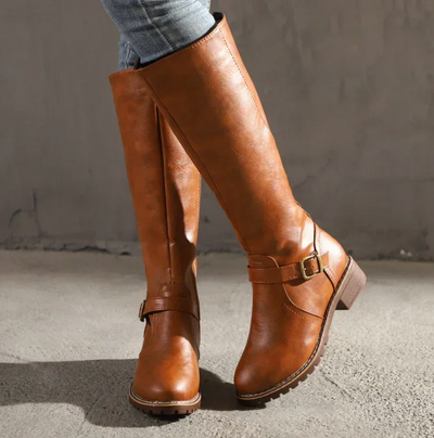 Knee High Boots Leather Buckle Strap Block Heel Brown