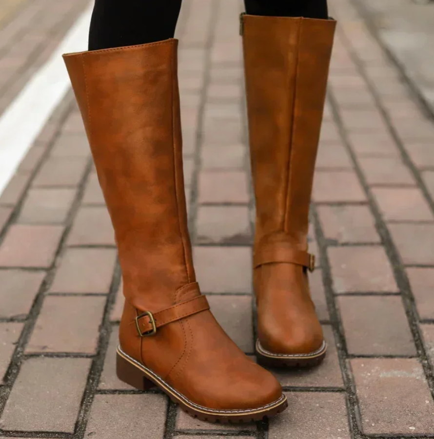 Knee High Boots Leather Buckle Strap Block Heel Classic
