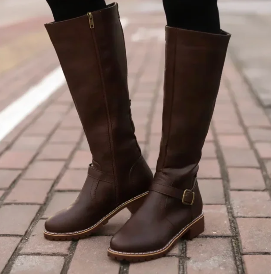 Knee High Boots Leather Buckle Strap Block Heel Classic