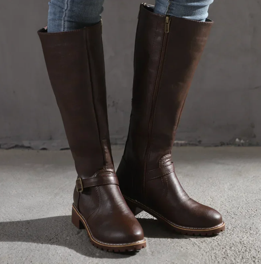 Knee High Boots Leather Buckle Strap Block Heel Brown