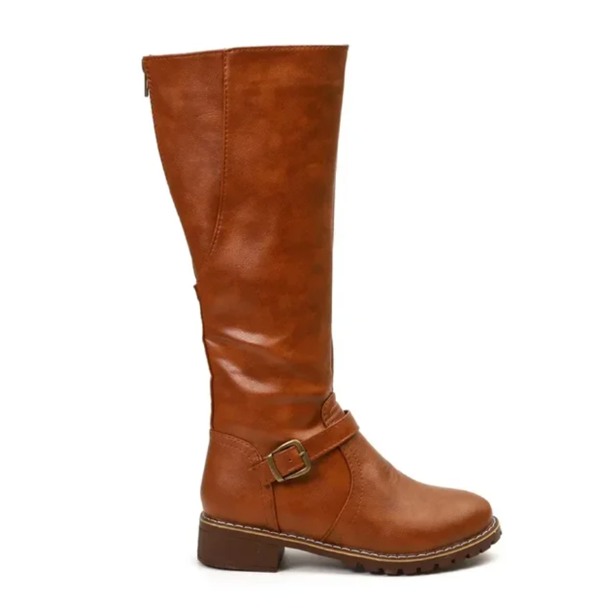Knee High Boots Leather Buckle Strap Block Heel Brown