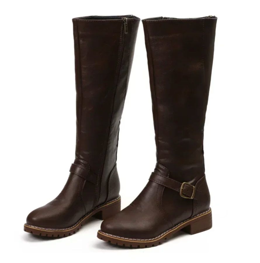 Knee High Boots Leather Buckle Strap Block Heel Brown