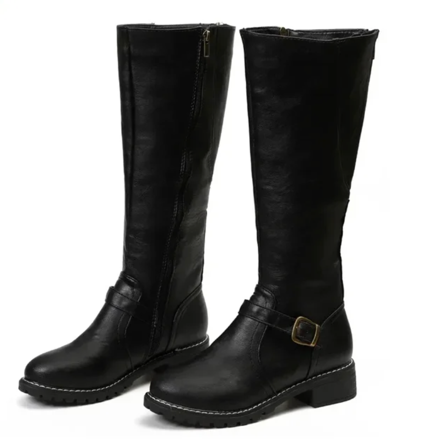 Knee High Boots Leather Buckle Strap Block Heel Classic