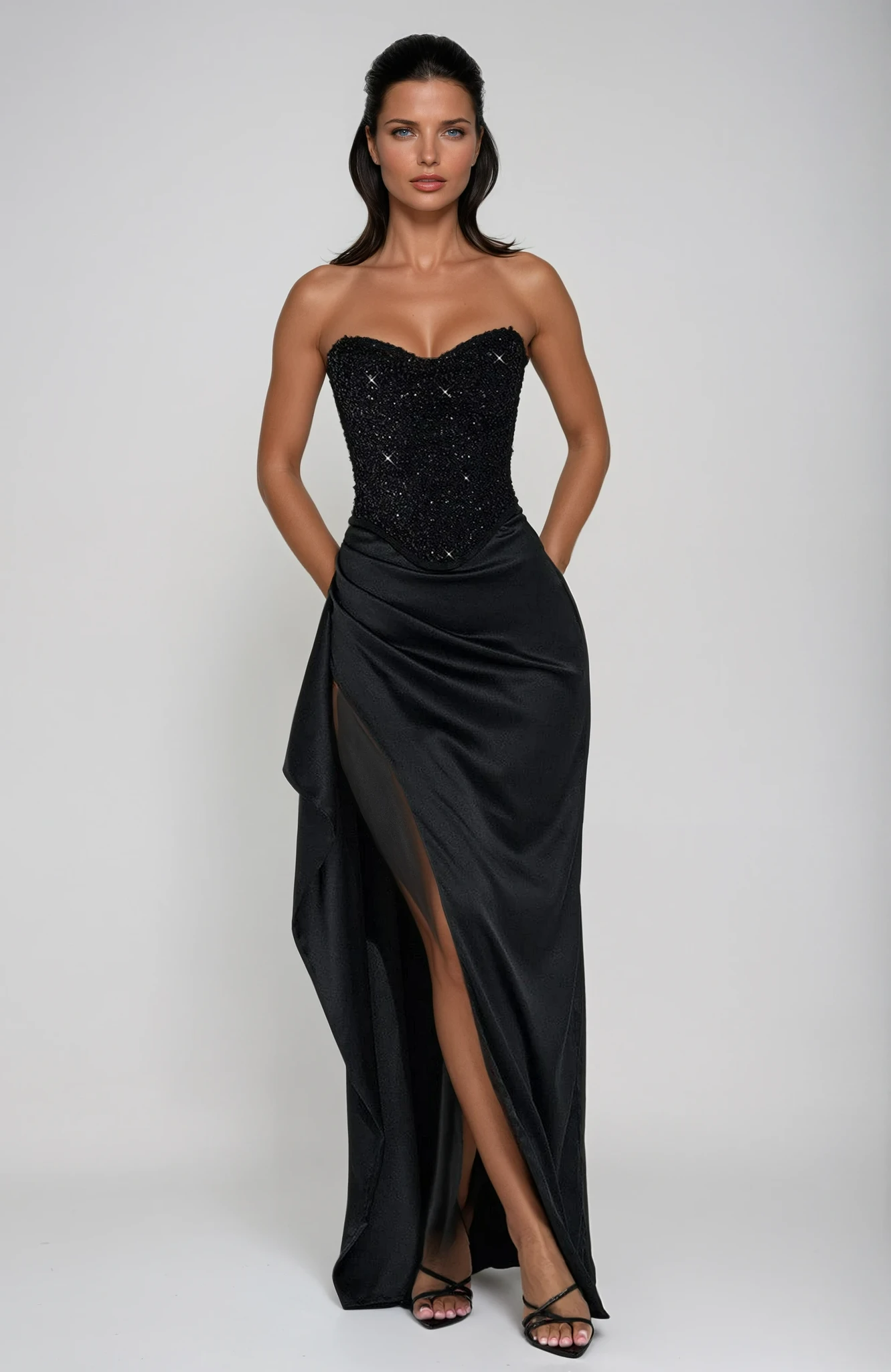 Beaded Corset Maxi Dress Satin Skirt Tulle Overlay Evening