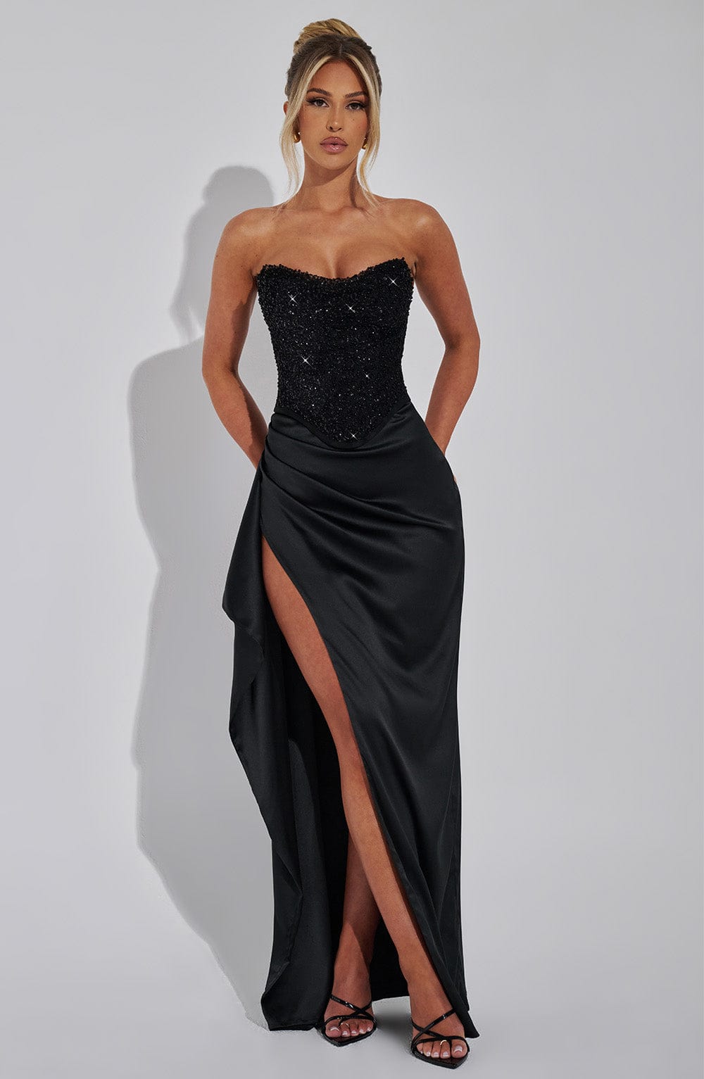 Beaded Corset Maxi Dress Satin Skirt Tulle Overlay Evening