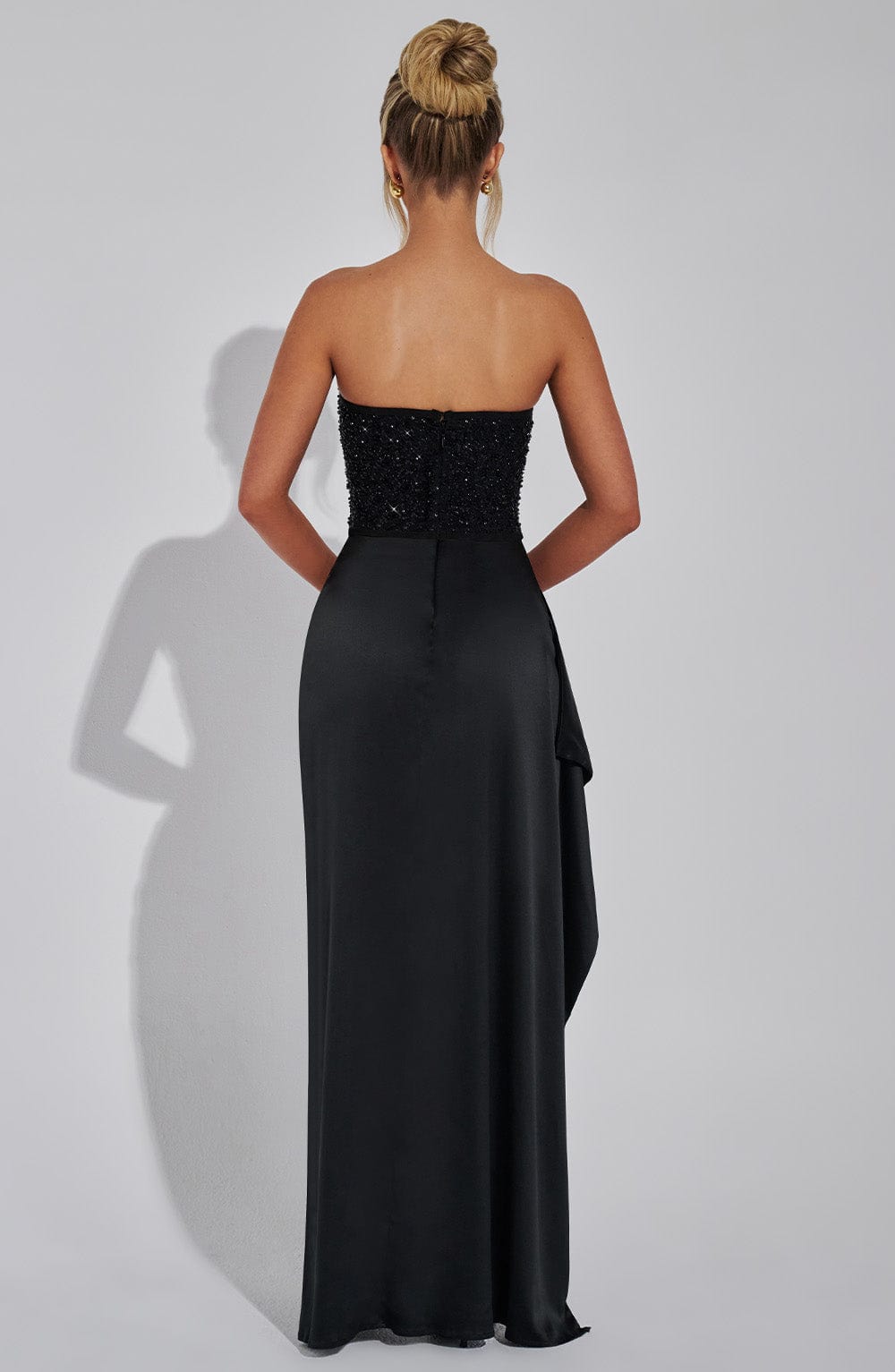 Beaded Corset Maxi Dress Satin Skirt Tulle Overlay Evening