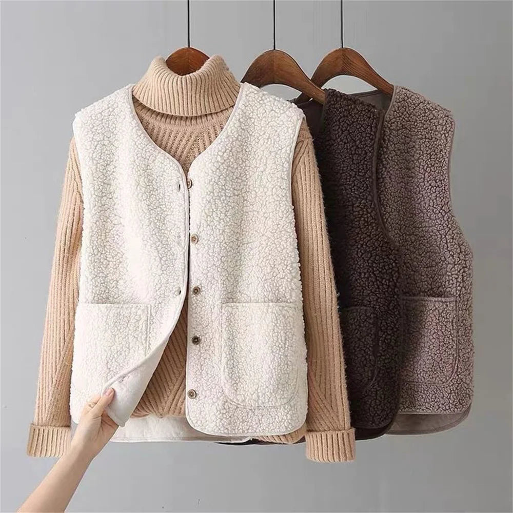Teddy Fleece Gilet Buttoned Sleeveless Layering Autumn Winter