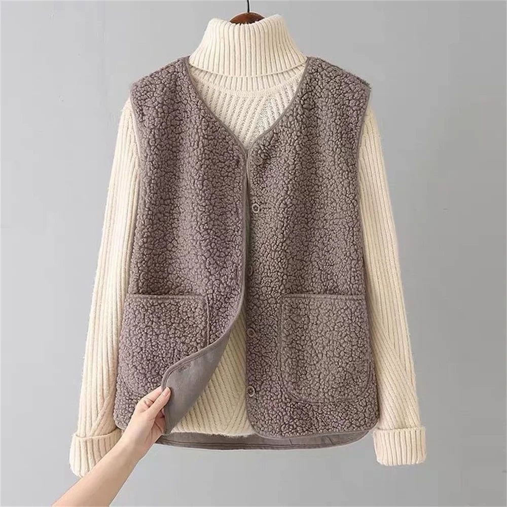 Teddy Fleece Gilet Buttoned Sleeveless Layering Autumn Winter